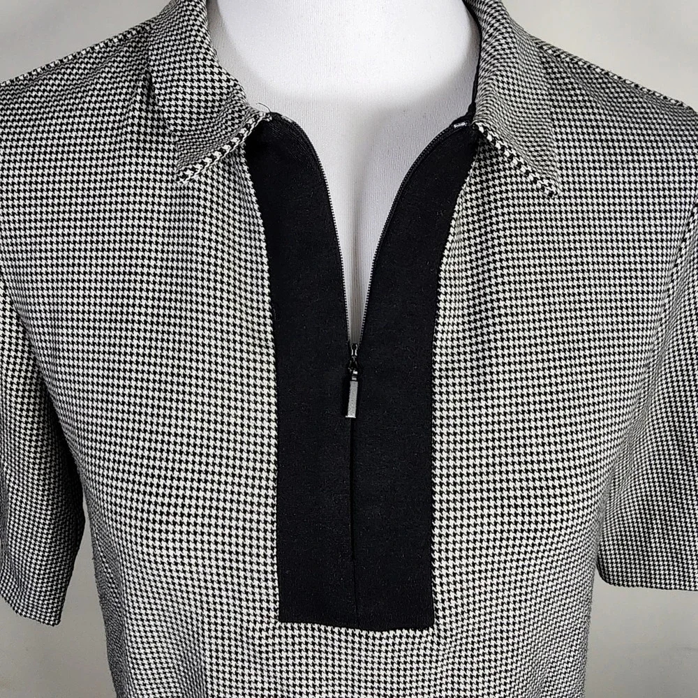 Zara Houndstooth Top Blouse Womens XS Black White Collared 1/4 Zip Preppy Office - Picture 2 of 12